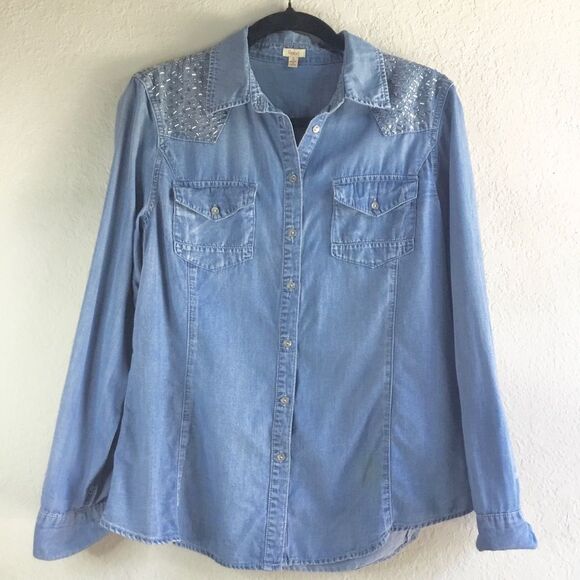 Reba denim button up shirt western style pockets and back with bling country - Picture 1 of 9